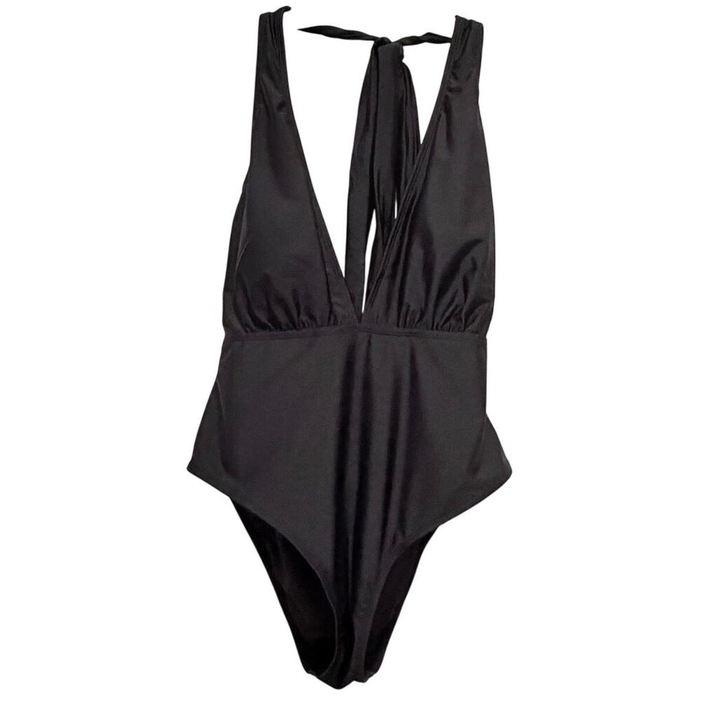 NWT Cupshe Women's V Neck One Piece Halter Backless Swimsuit Black Size L